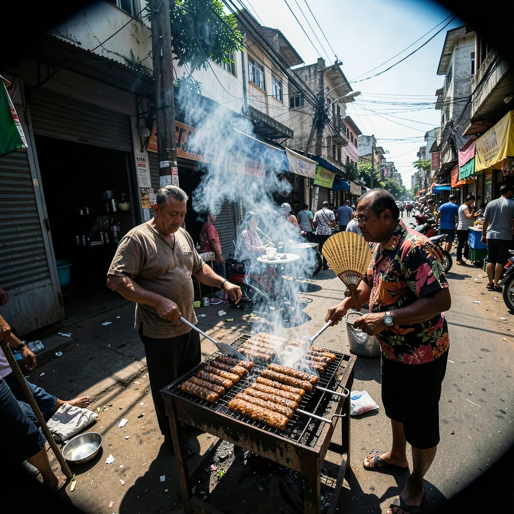 Harsh equatorial noon light casting deep shadows, Street-side suya grill with sm