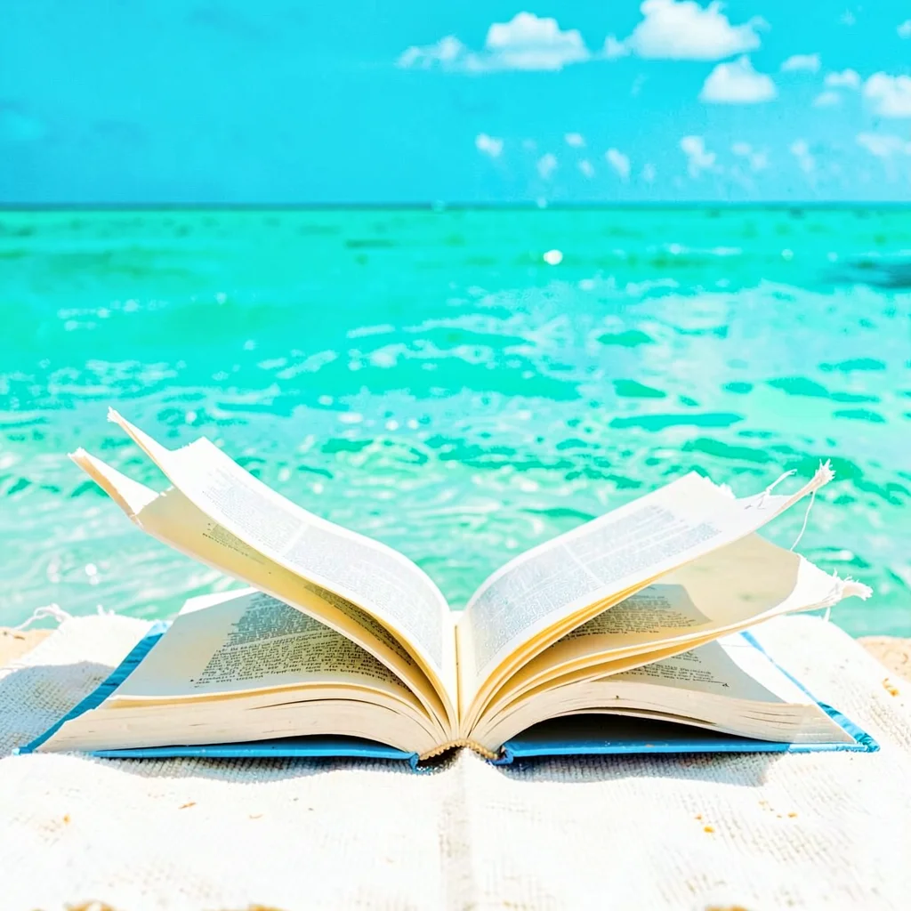 Expansive turquoise negative space, bleached whites, An open book face-down on a
