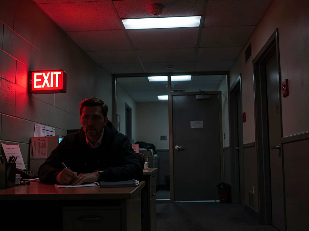 Office after everyone left, one person at desk, EXIT sign the conscience of over