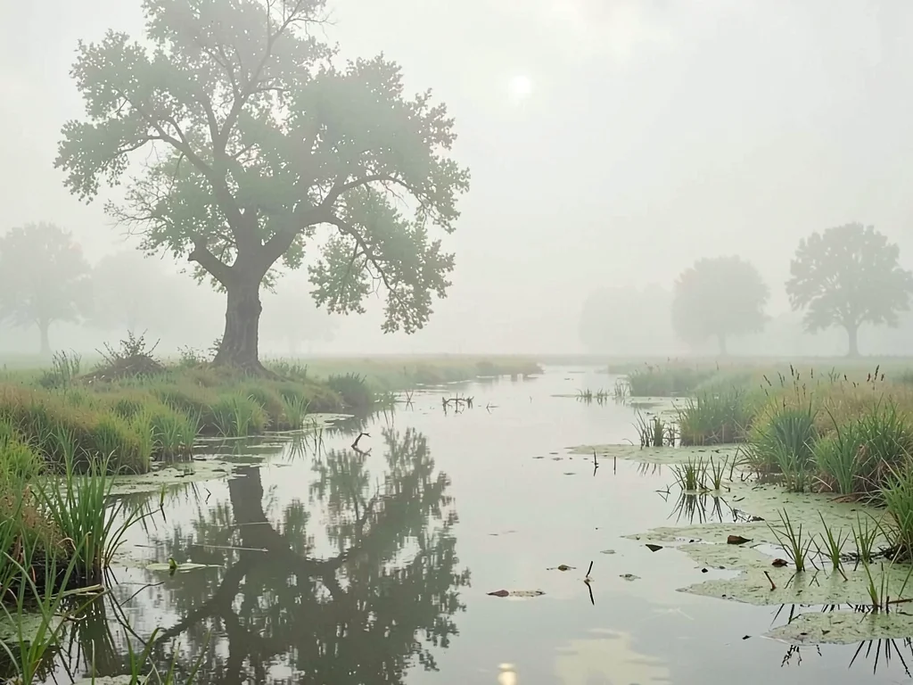 Hollow elm at the edge of a flooded meadow, reflection visible in still shallow 