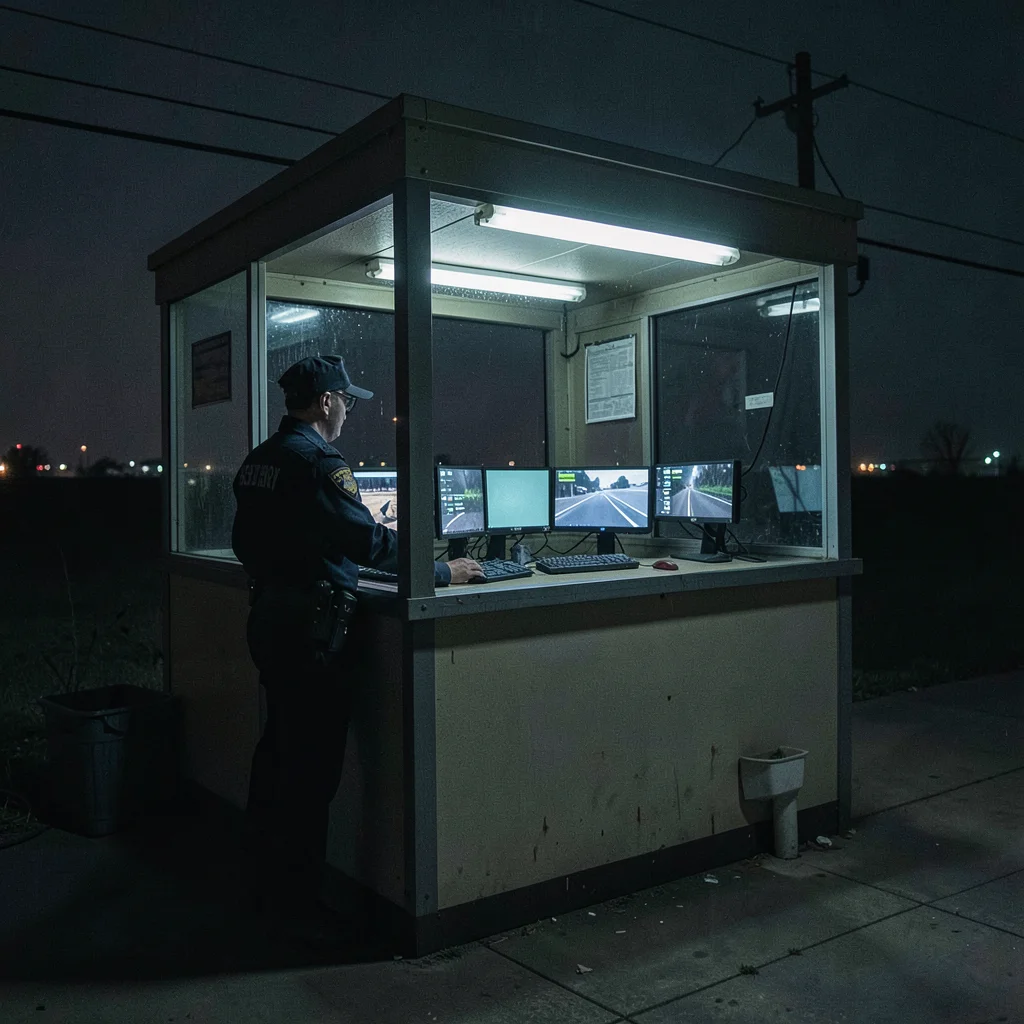 Security guard booth at 3am watching multiple monitors