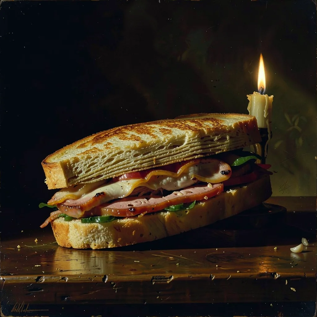 Chicken sandwich cross-section, layers illuminated like geological strata, drama