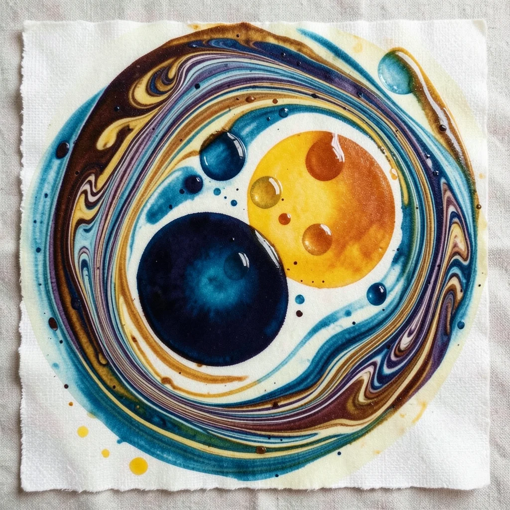 Ebru with oversize drops, just three or four large color circles manipulated int