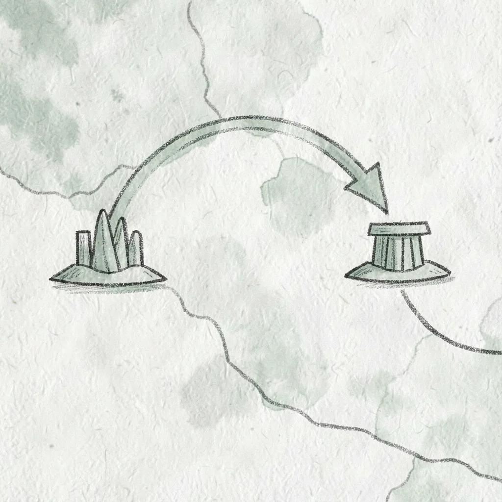 Hand-drawn map illustration of a route arc connecting two abstract landmark glyp