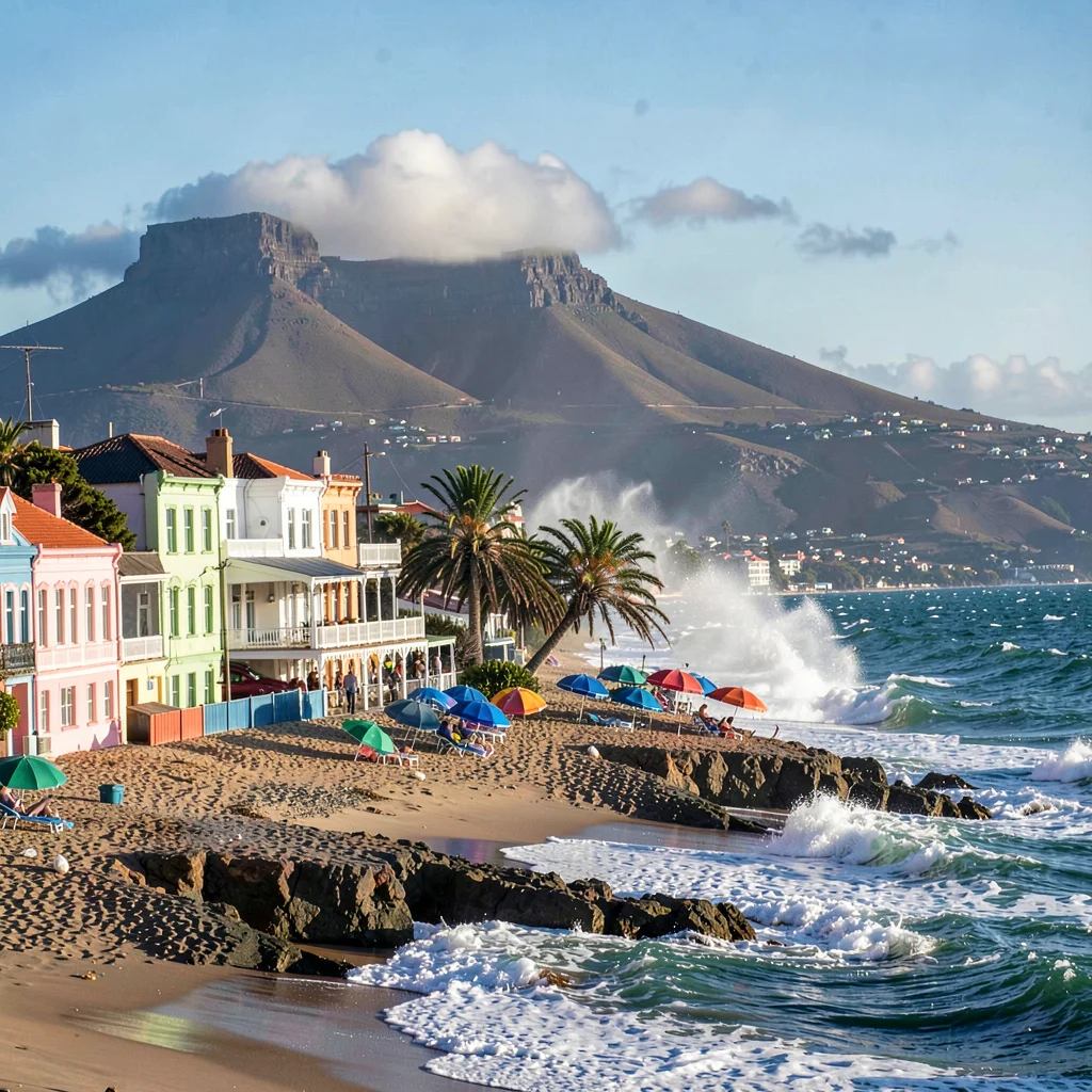 Cape Town southeaster wind shaping the scene, Camps Bay beach umbrellas bent sid