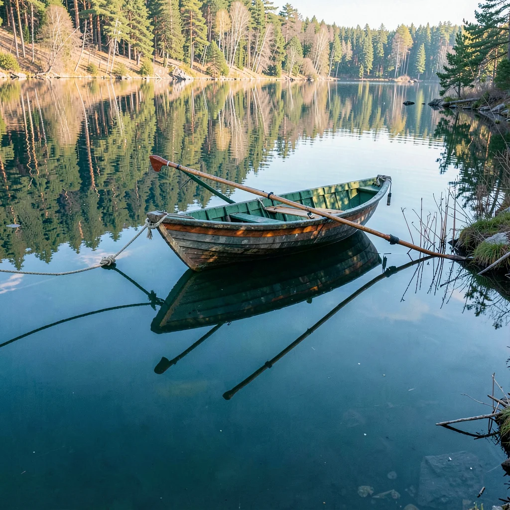 Finnish lake mirror, dead-calm reflection, Rowing boat tied to shore, hull and r