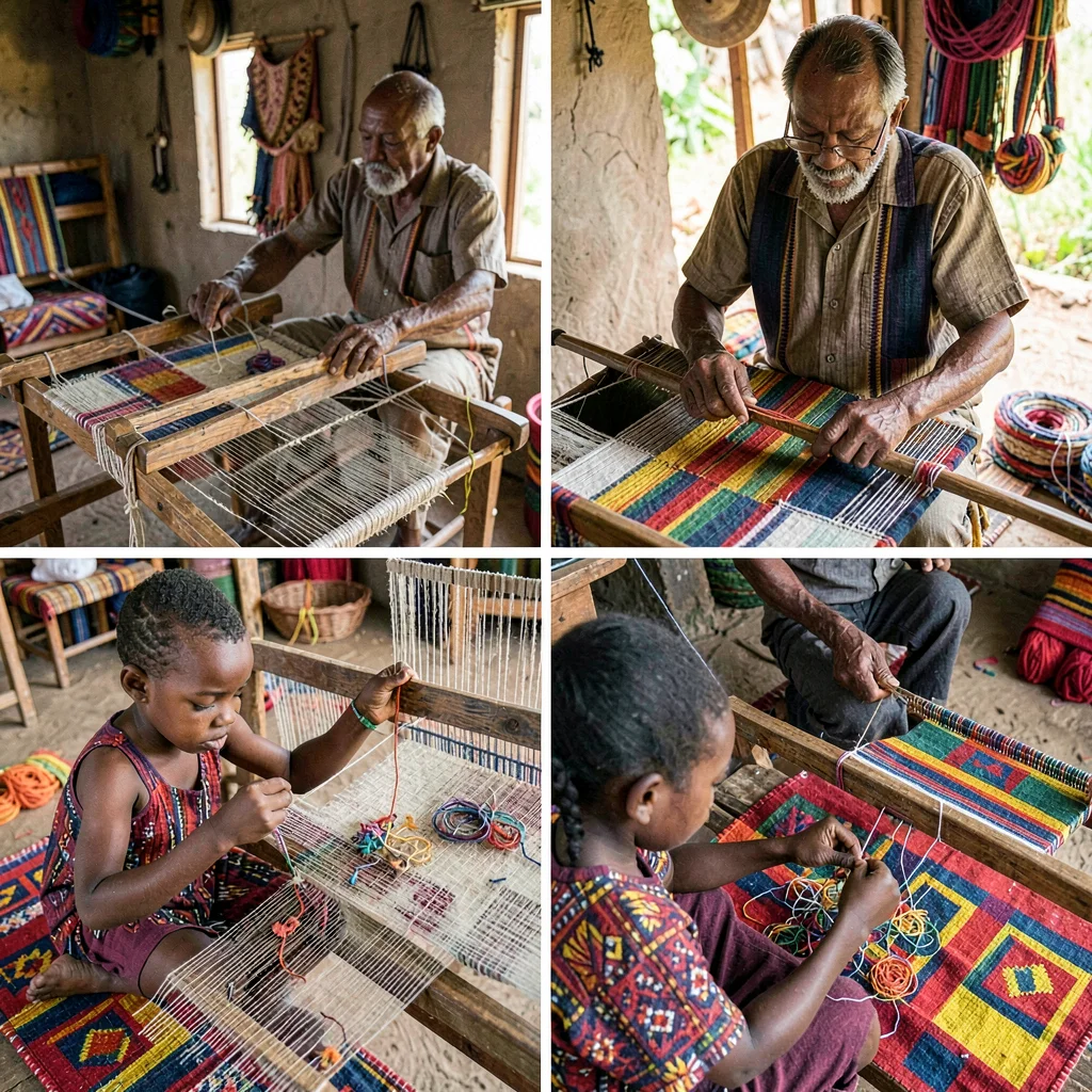 Kumasi kente weaving process, strip loom geometry, Child playing with leftover t