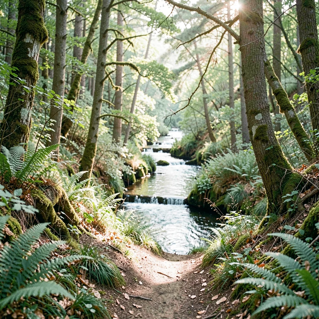 Vertical botanical of a forest path leading down to a hidden river bend