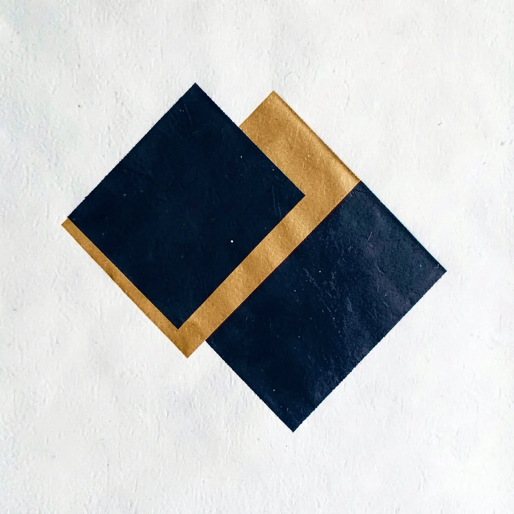 Bold two-color screenprint of a pair of overlapping geometric shapes in navy and