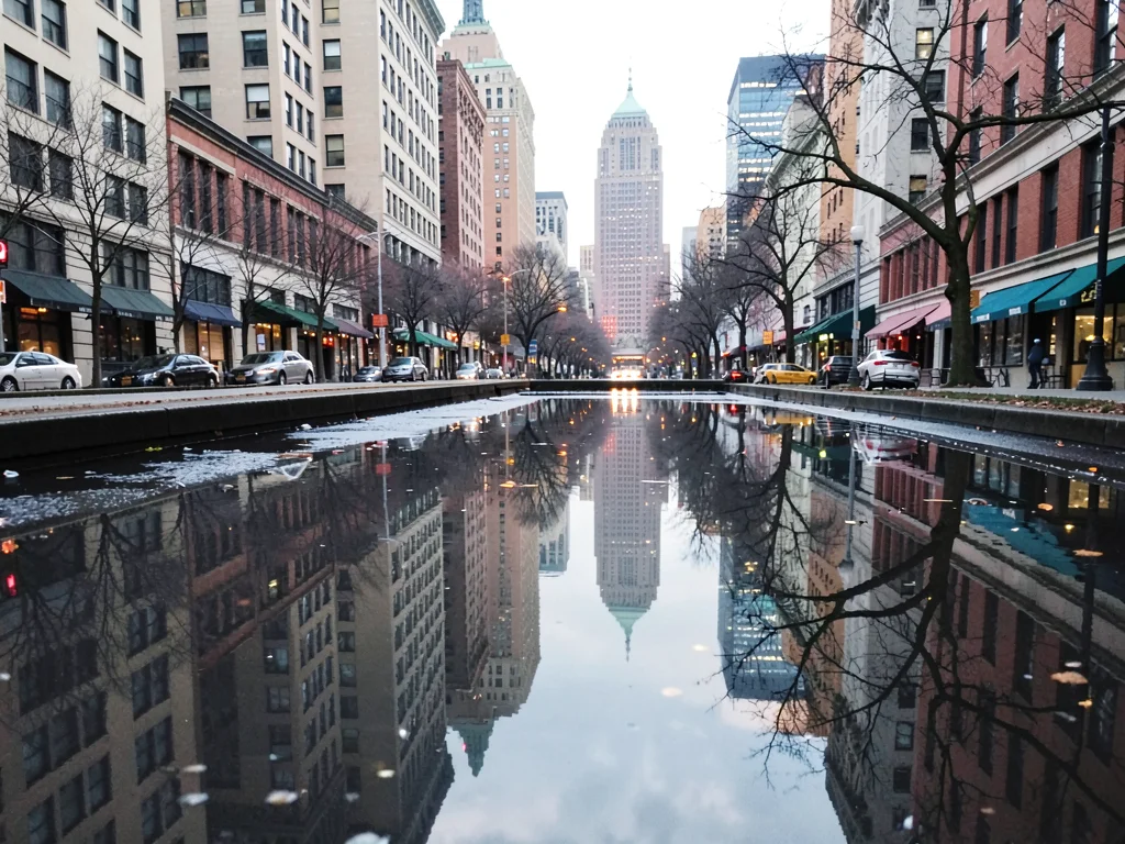 Puddle with city reflection