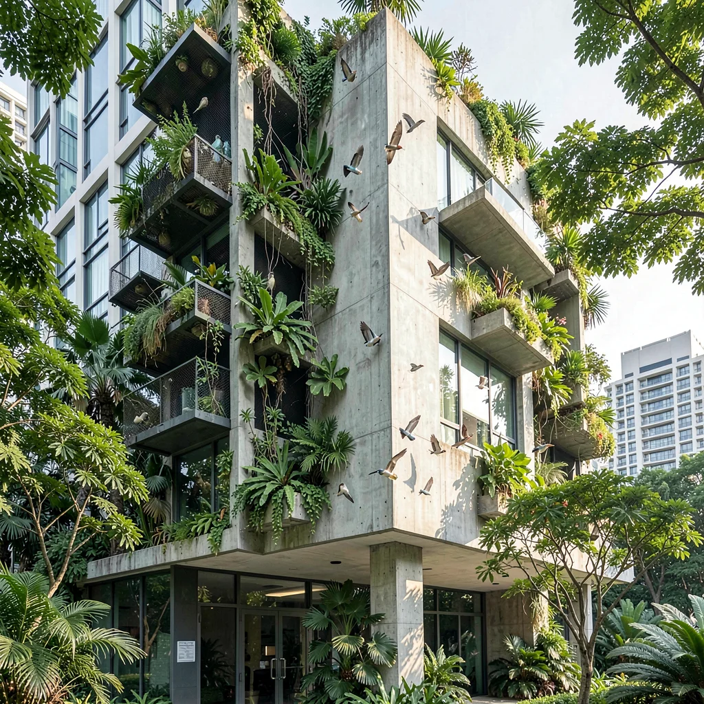 Singapore tropical modernism, green claiming grey, Concrete facade with integrat