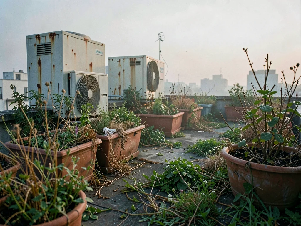 Overgrown rooftop garden runs wild with weeds and dried planters between rusted 