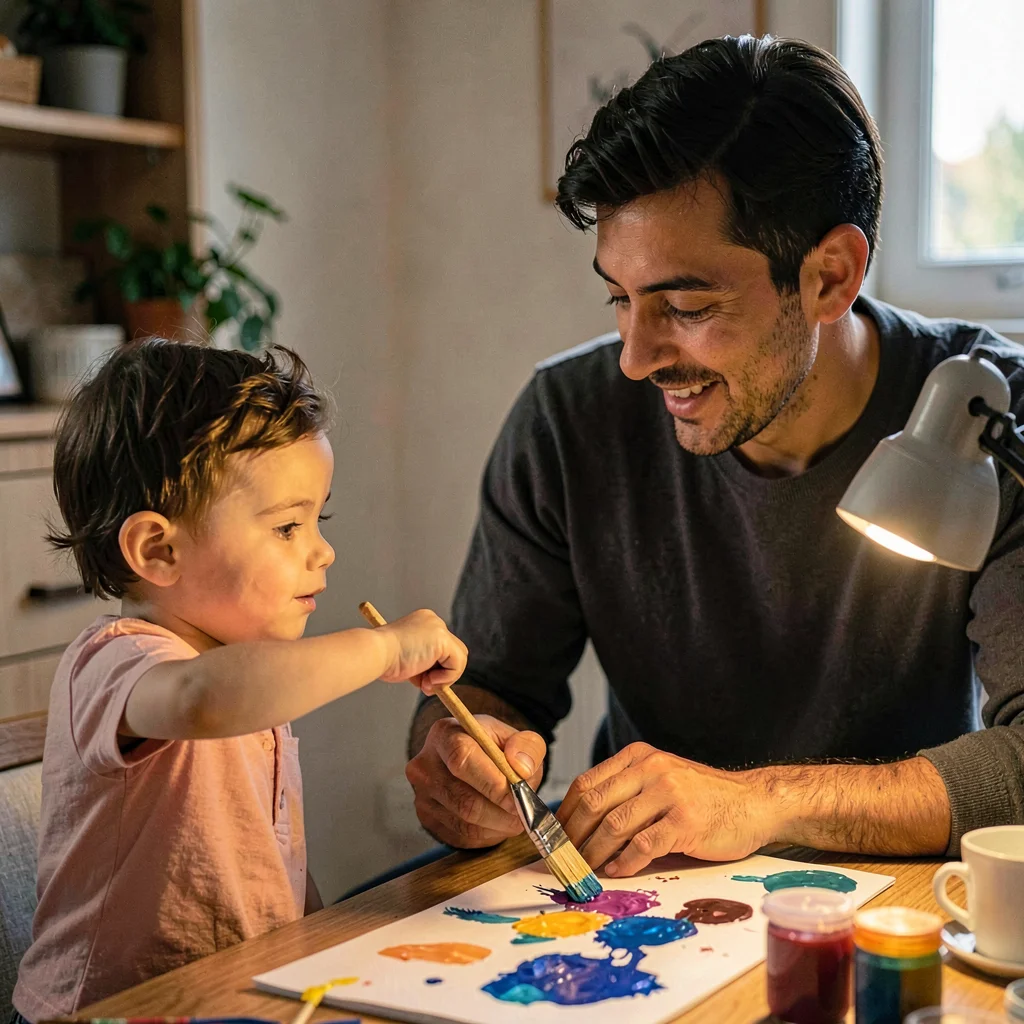A gentle Latino dad in his thirties teaching a toddler to dip a brush in paint, 