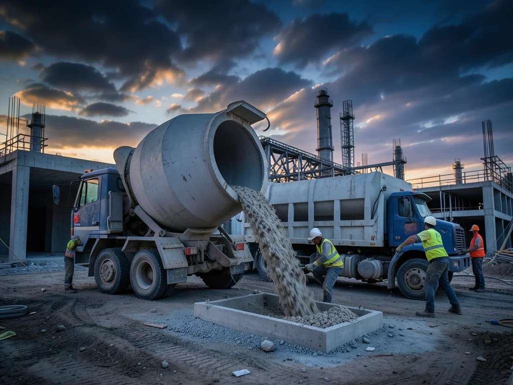 A concrete mixer truck pouring, the rotating drum, the chute directing flow, wor