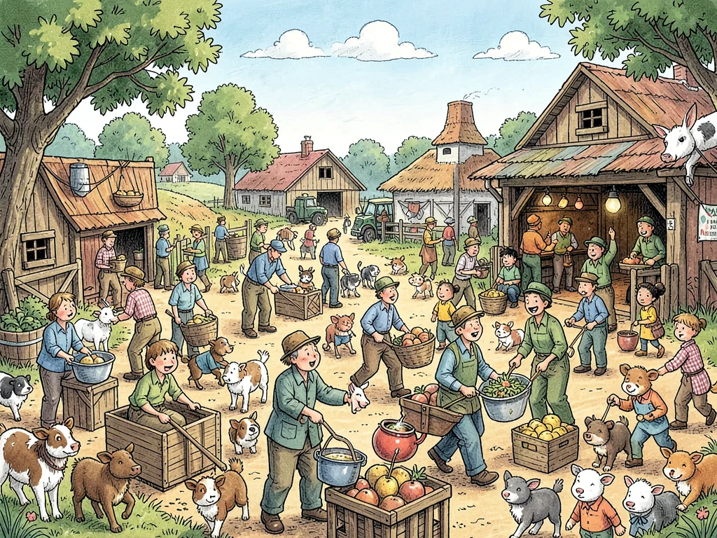 Busy farm with farmers