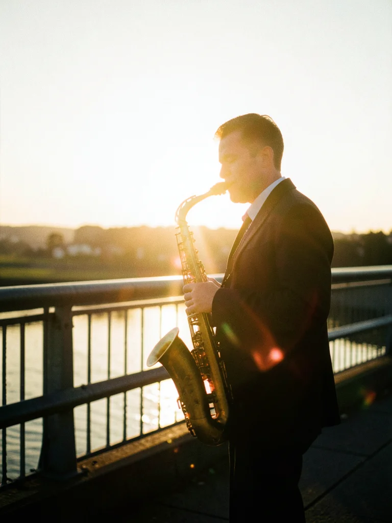 Street musician playing saxophone on a bridge, golden backlight creating silhoue