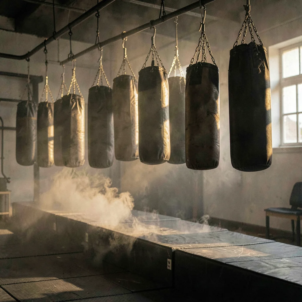 Atmospheric photo of a row of speed bags hanging in low light, dust haze driftin