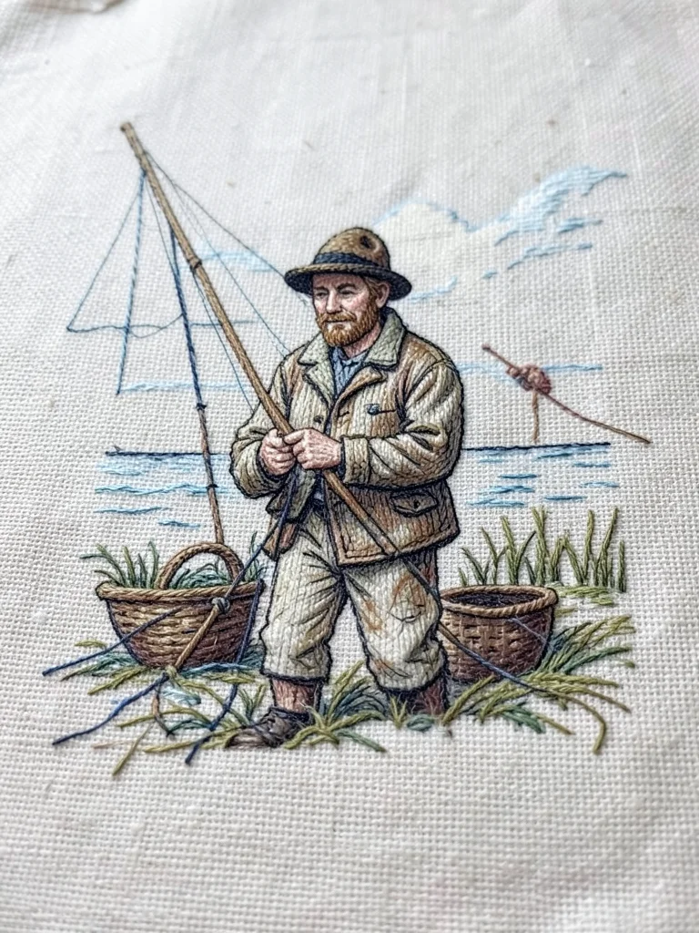 Hand-stitched portrait of fishing scene on canvas, thread texture