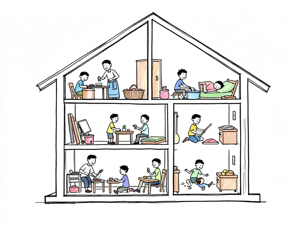 A simple house cross-section showing different rooms with stick figures doing ac