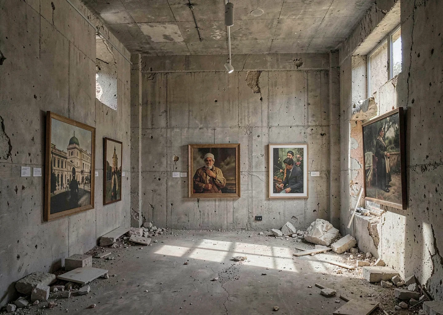 Mediterranean hard light on Beirut's wounded elegance, art gallery interior in c