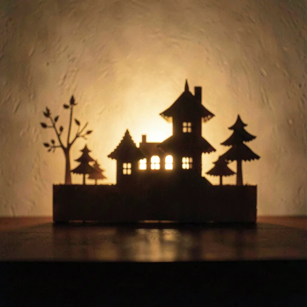 Lamplit portrait of a tiny paper-cut shadow scene glowing from behind, warm ambe