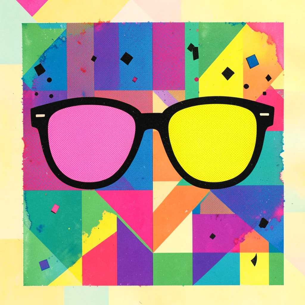 A pair of oversized sunglasses with one lens pink and one lens yellow, frames in