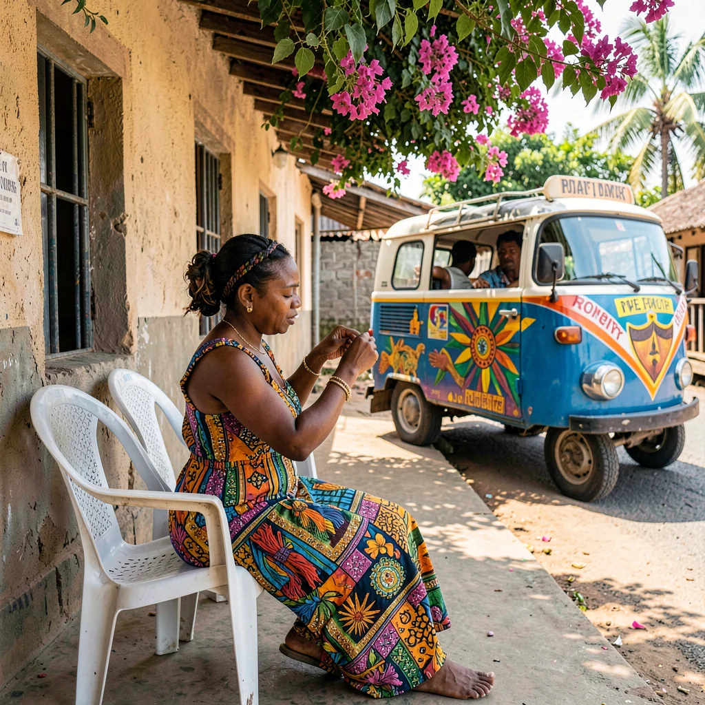 Resilient color in Port-au-Prince, Haiti, Woman braiding hair on porch, plastic 