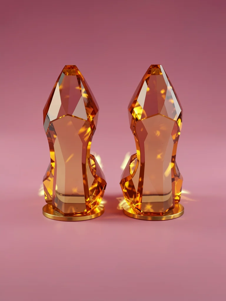 Two faceted amber high-heeled shoes placed neatly side by side on a dusk-pink gr