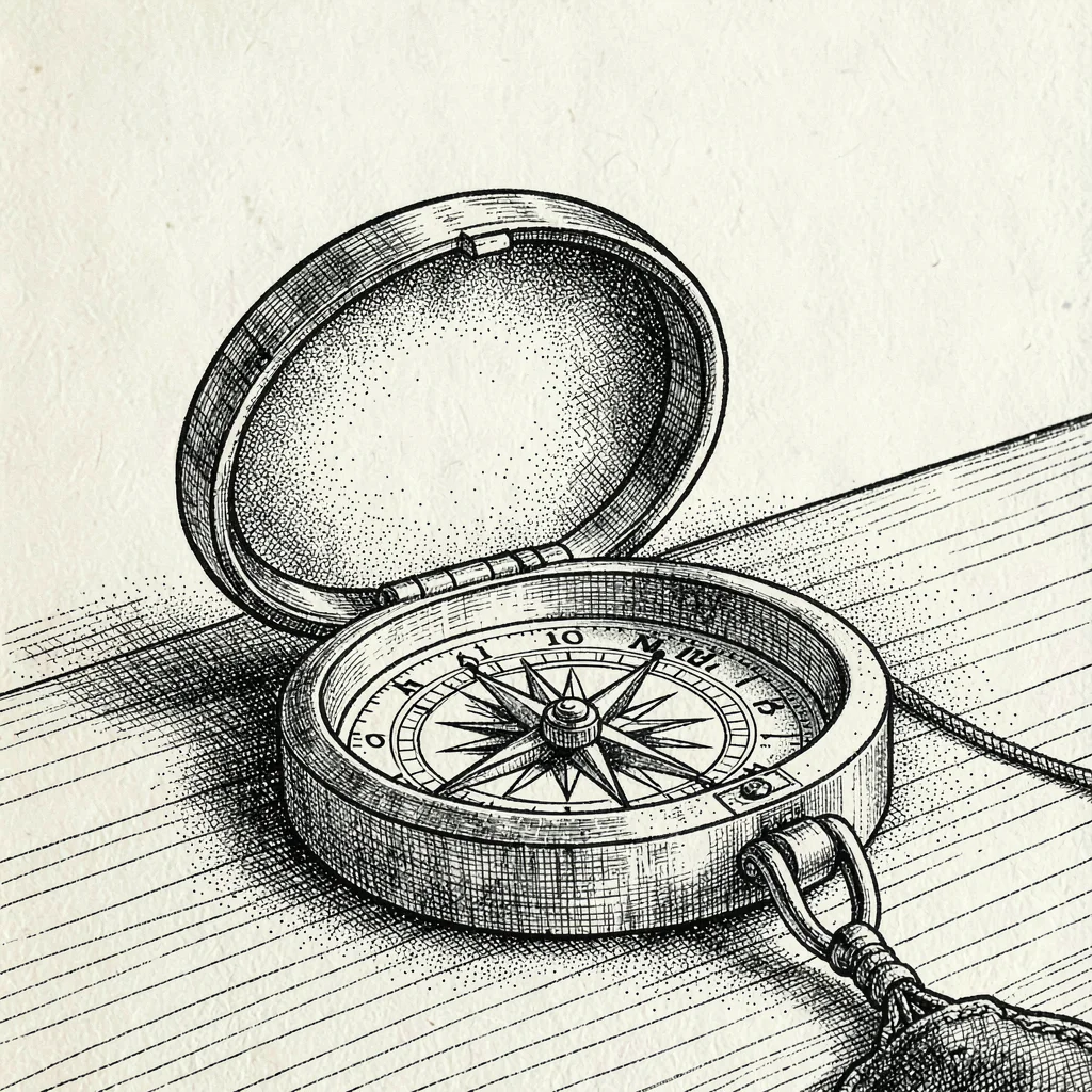 Pen-and-ink prop study of a sailor's compass open on a wooden table, hatched gra