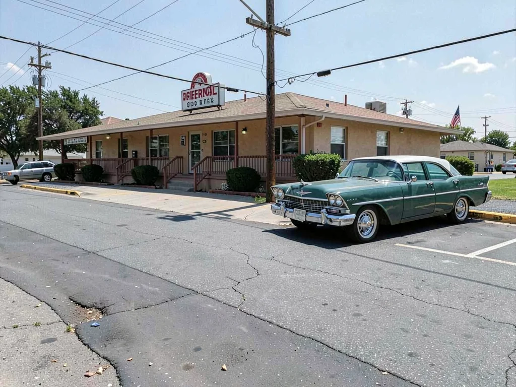Roadside motel with vintage car parked