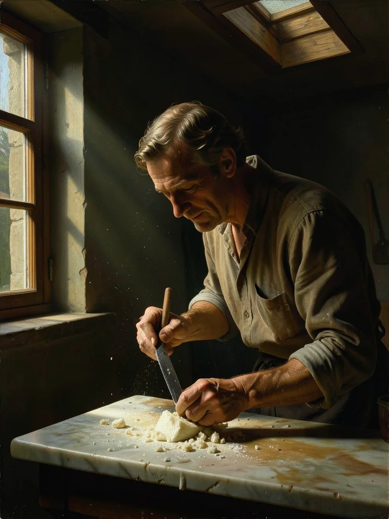 A sculptor chiseling marble, chips and dust catching the beam from a skylight, t