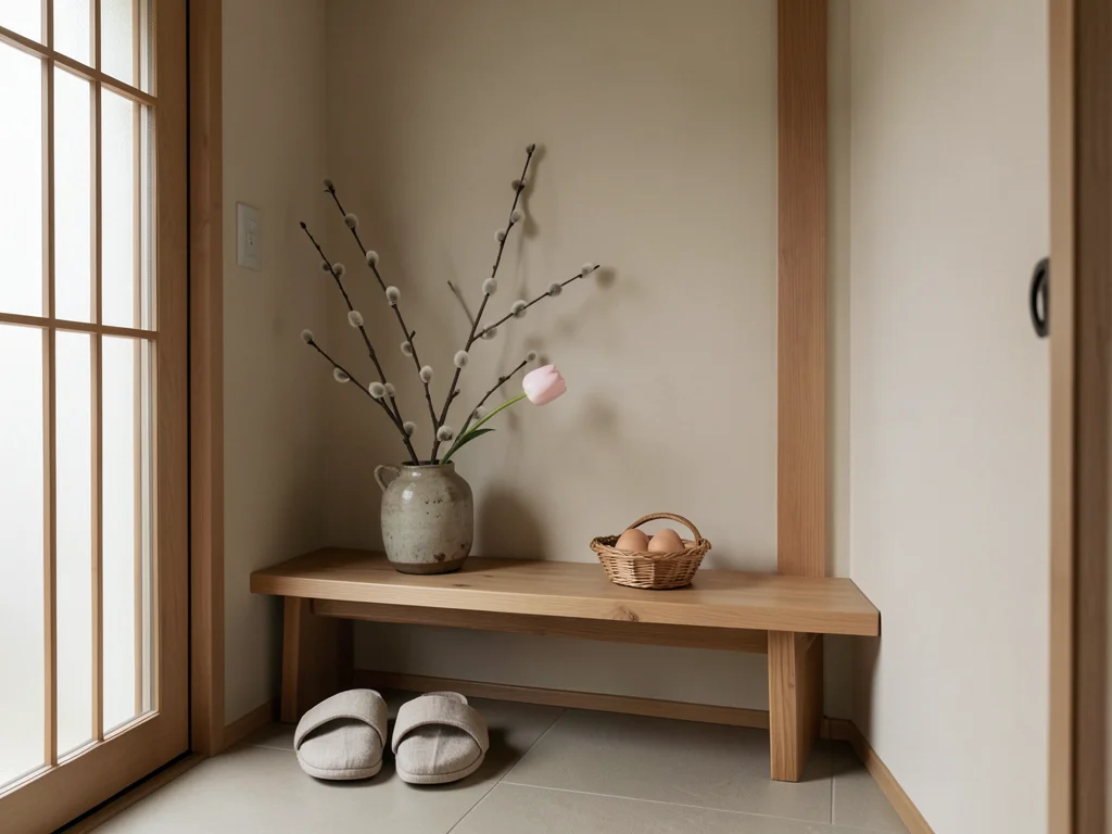 A Japanese-Scandinavian entryway with a low wooden bench, a pair of linen slippe