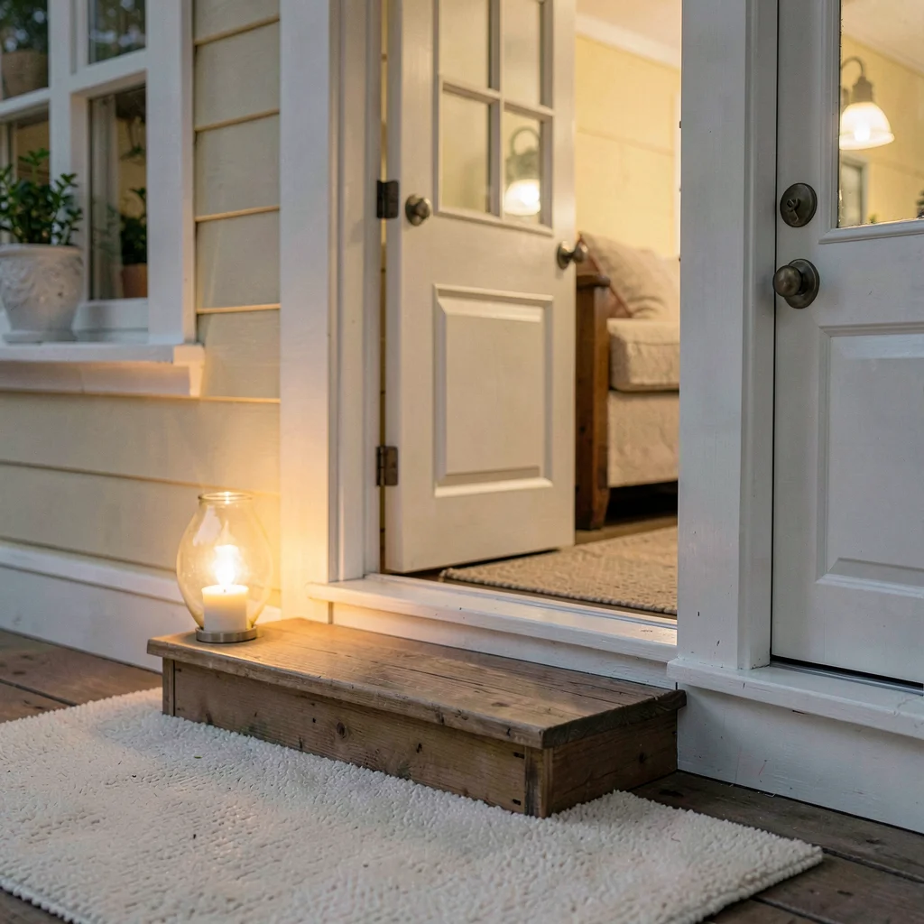 Dollhouse exterior on a cream rug with one front step lit by a warm lamp