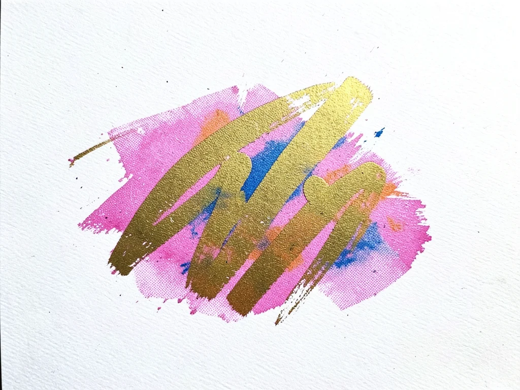 Riso-printed abstract expressionist brush strokes in metallic gold ink, each str
