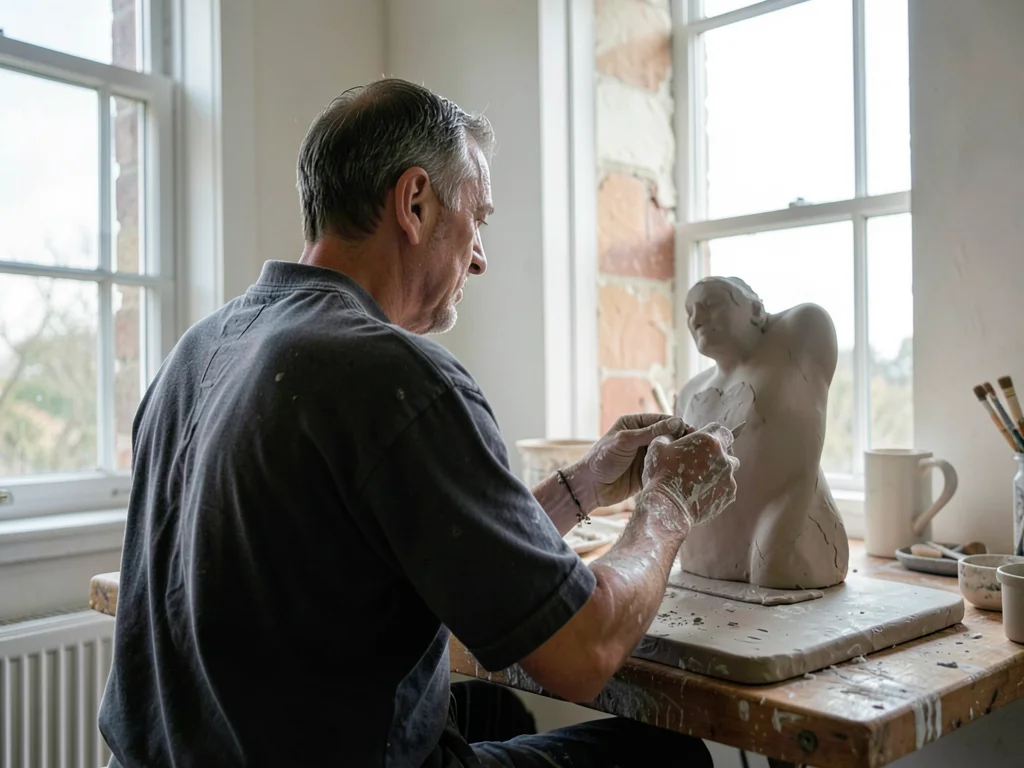 A sculptor working clay with their back to a high north-facing window, their han
