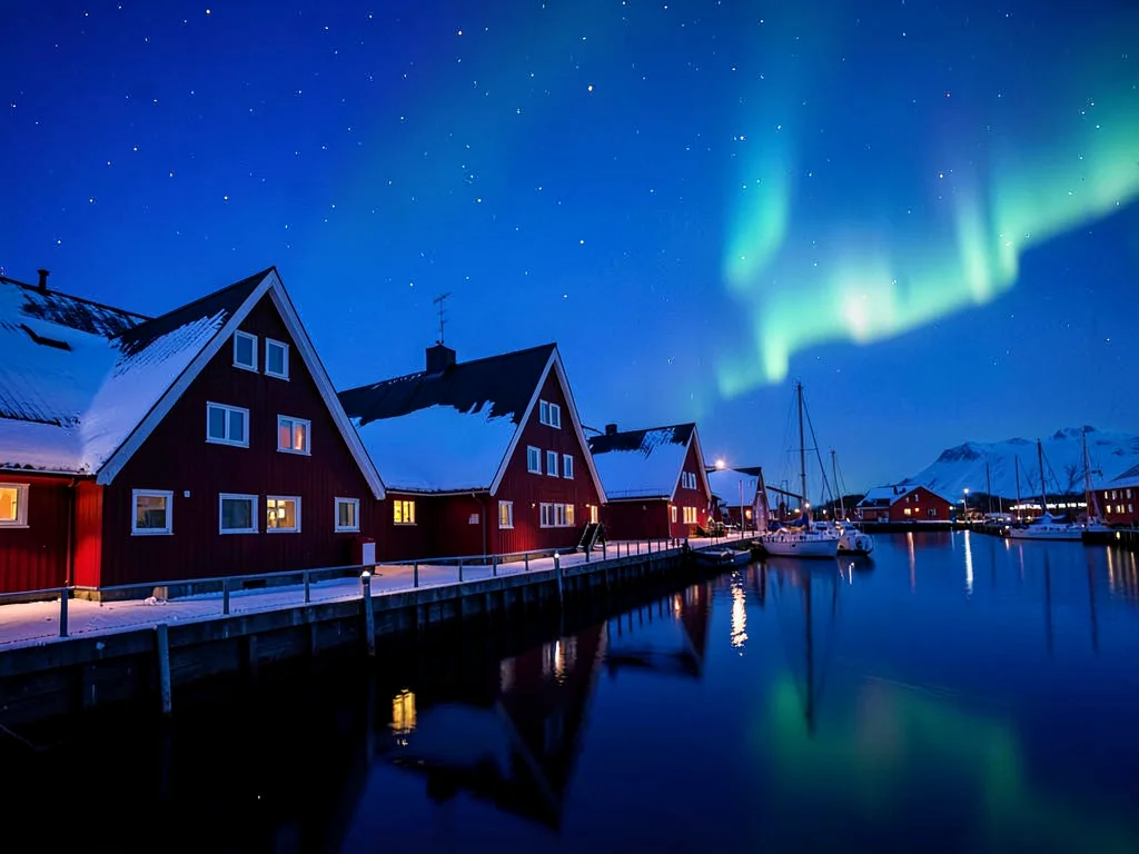 Polar night blue hour in Tromso, Norway, the angular rooflines of Tromso harbor 