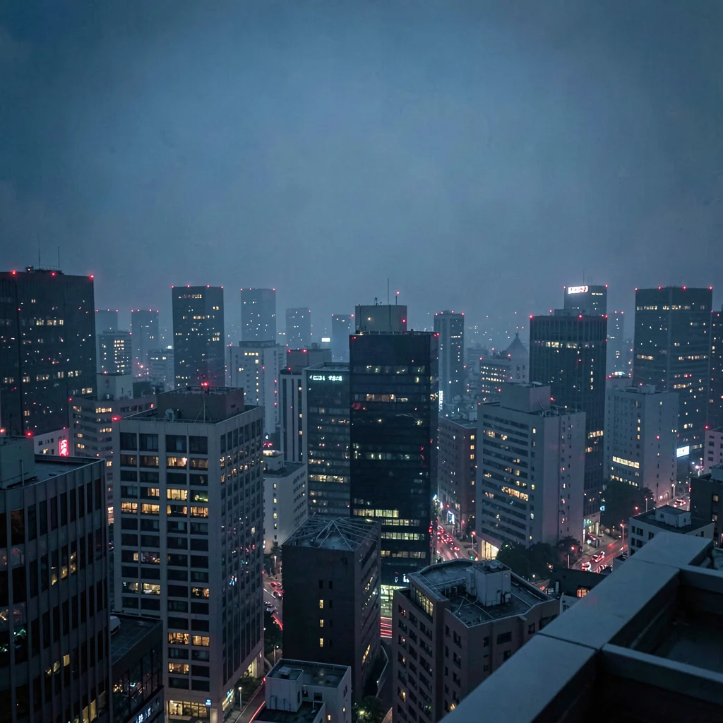 Rooftop view of Tokyo at 3am, scattered red aviation lights blinking across a se