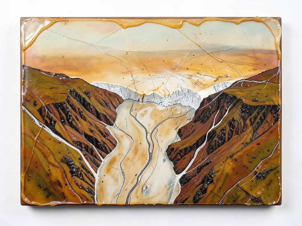 A glacier terminus meeting a fjord with crevasse patterns and meltwater channels