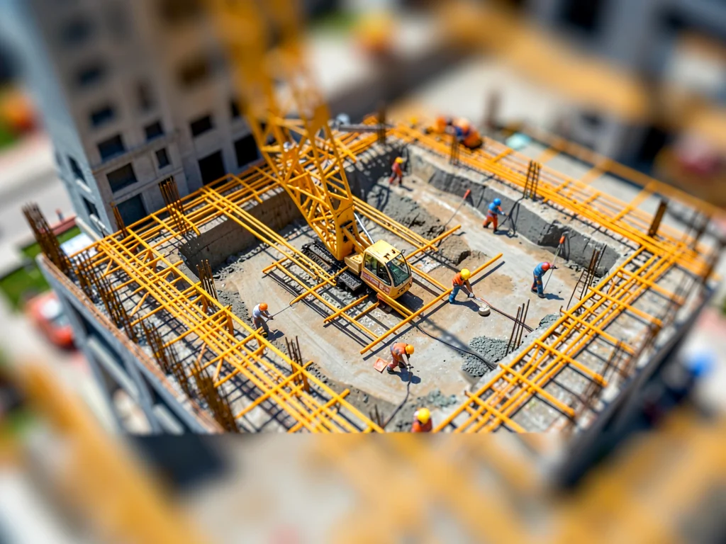 Crane-cab tilt-shift photograph of a high-rise construction site, saturated saff