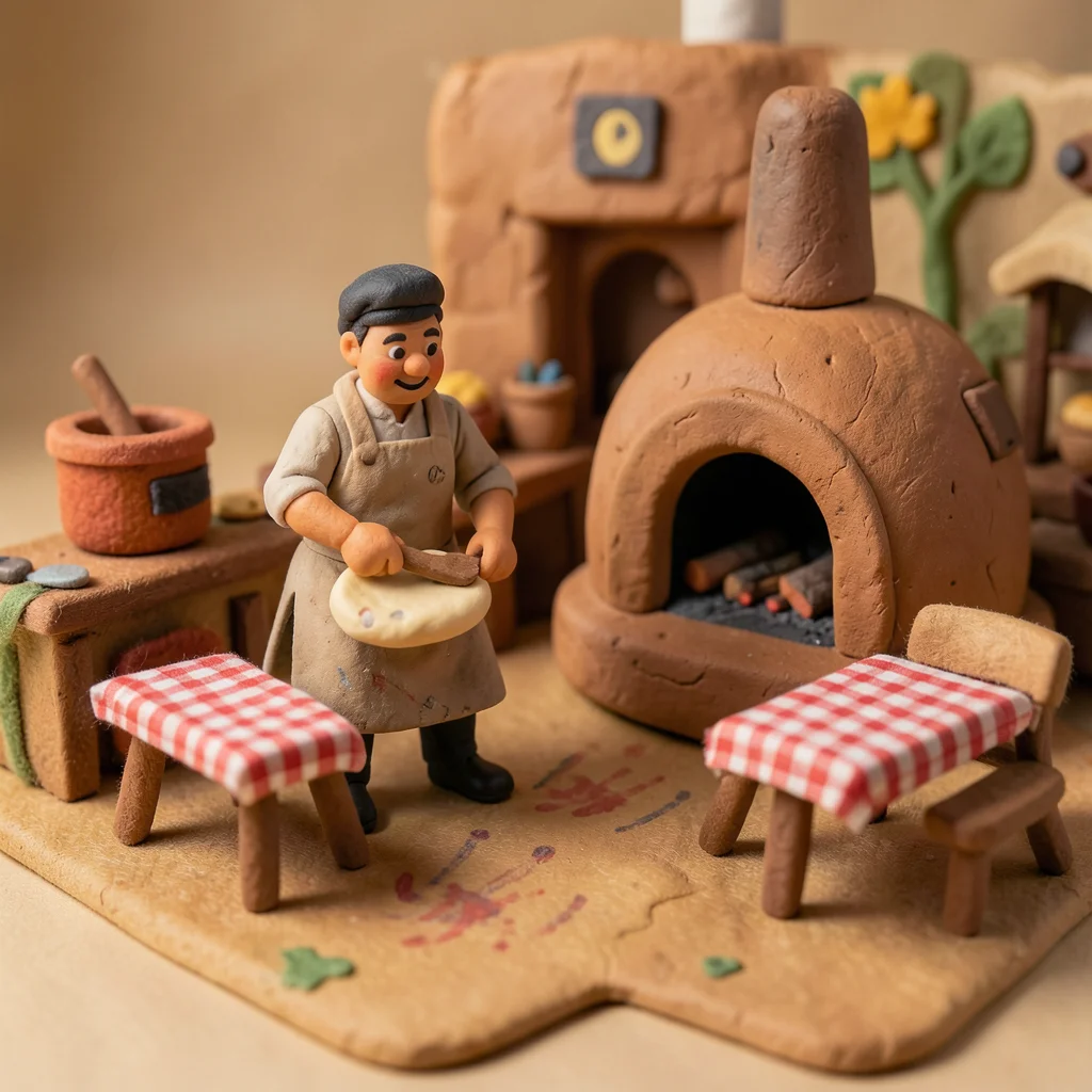 A miniature clay pizzeria: the chef tossing dough, a wood-fired oven made of cla