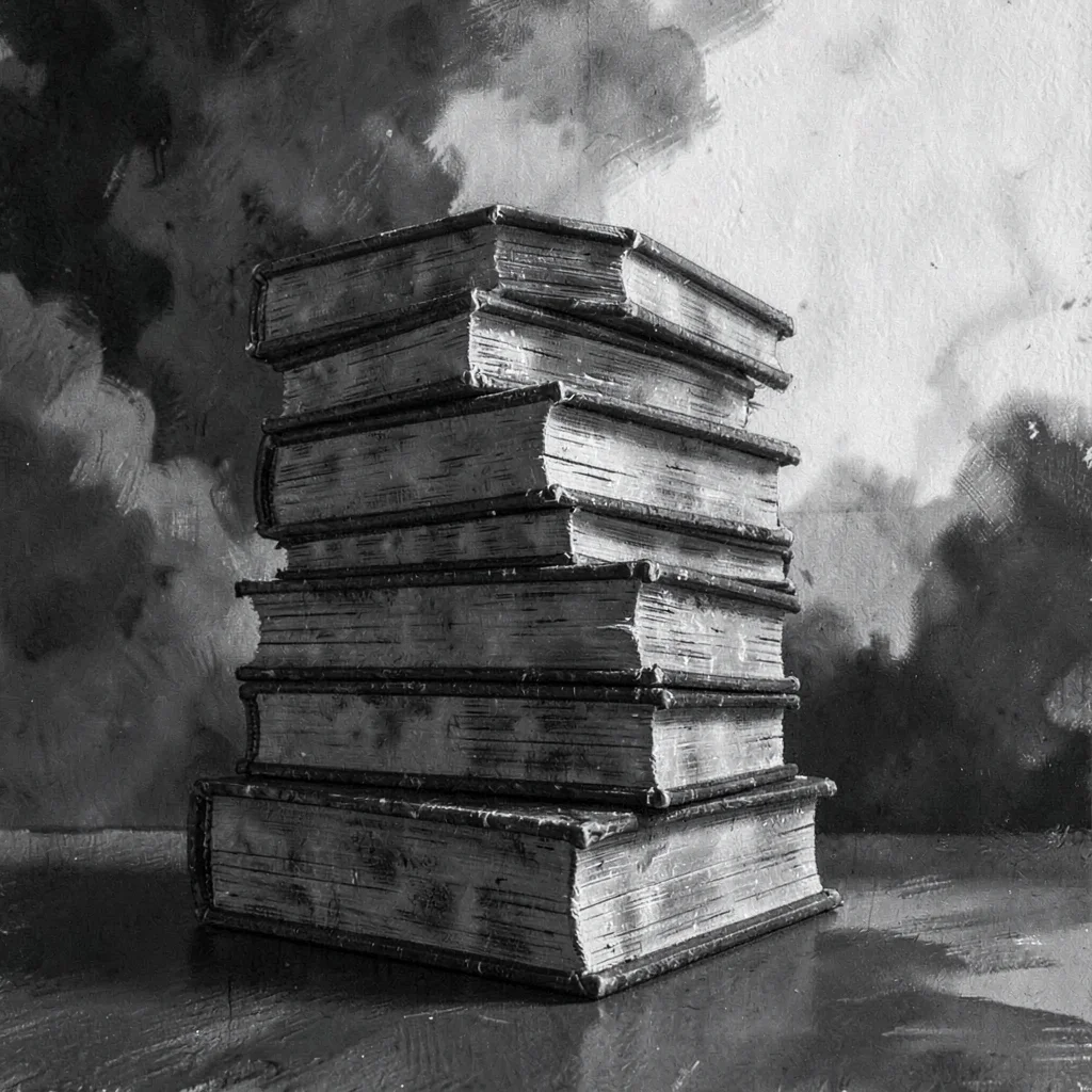 Charcoal sidebar of a stacked tower of books fading into smoky background