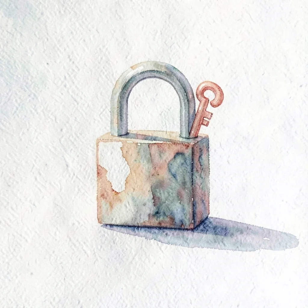 geometric small lock with a small coral arc-shaped key emerging from its body, s