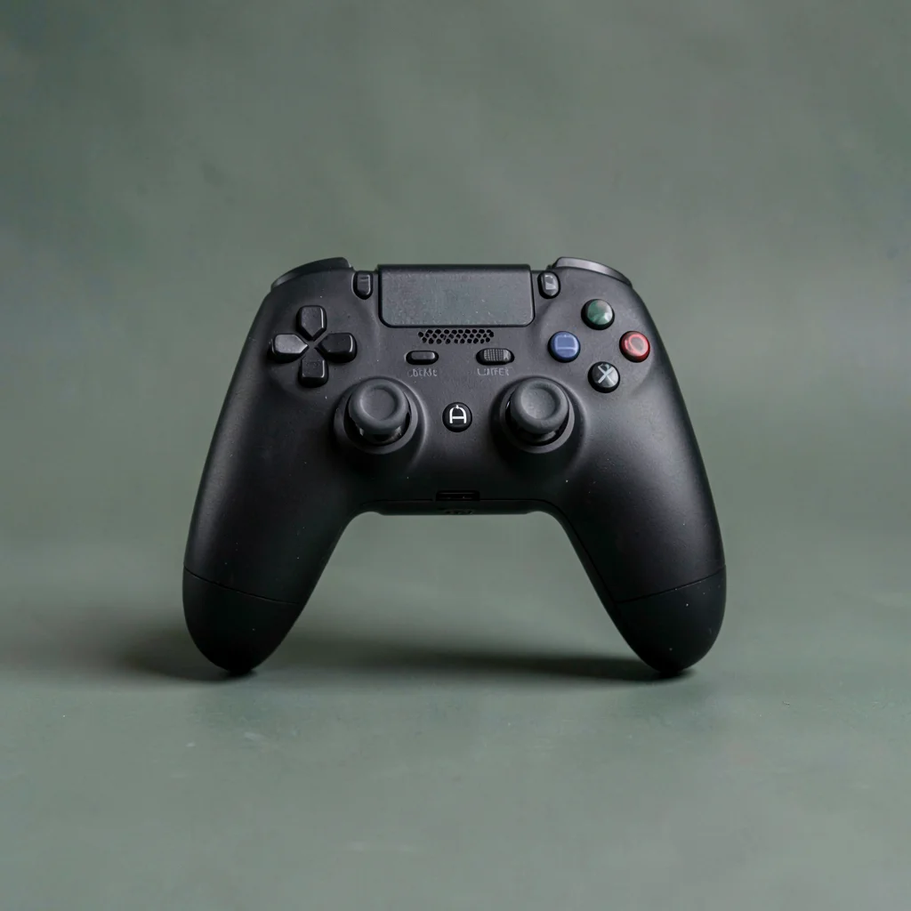 single matte-black gaming-controller dock straight-on against a deep sage backdr