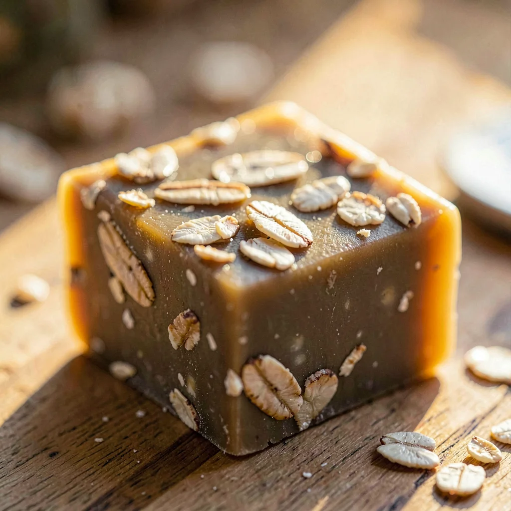 Macro of a hand-poured soap bar with embedded oat flakes, soft golden sidelight