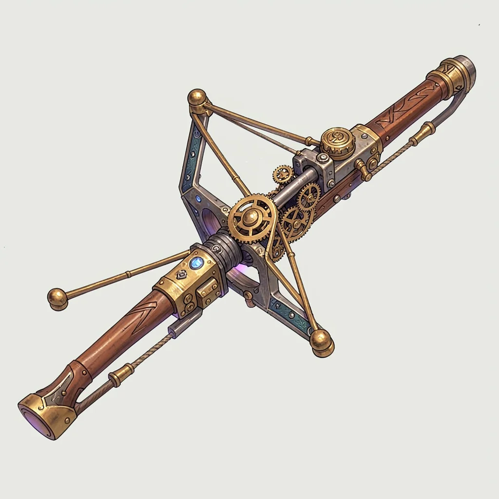 Fantasy weapon illustration, an artificer's mechanical crossbow with clockwork m