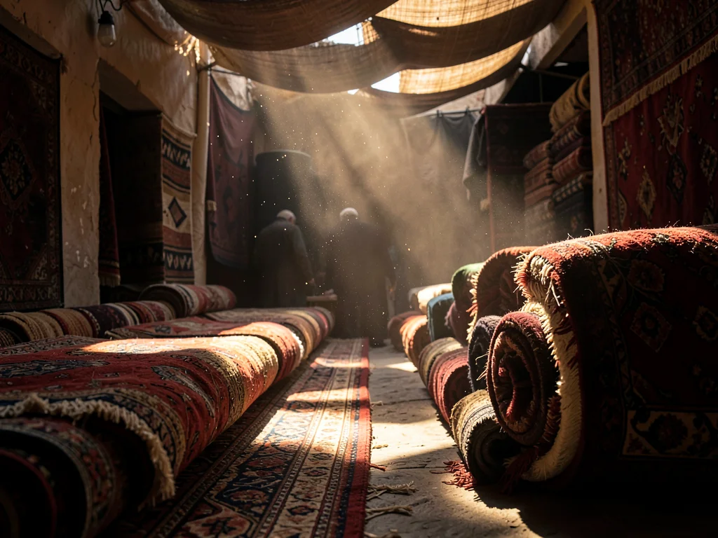Rolled carpets in shadow with light revealing dust and fiber on closest edge