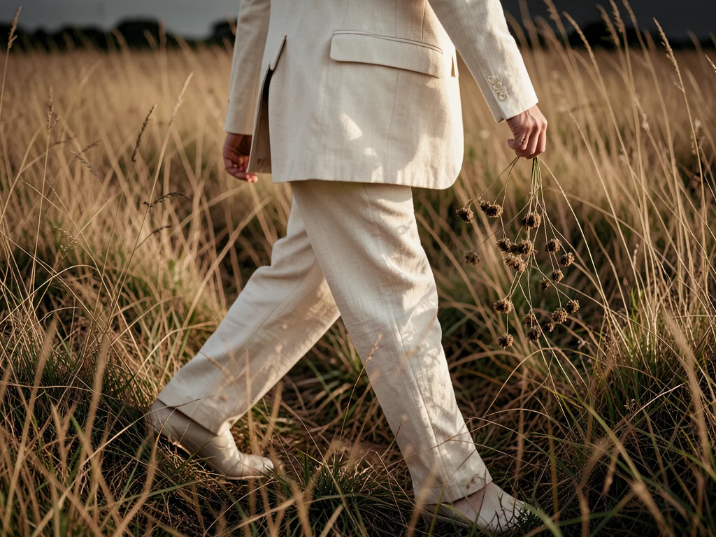 A figure in an oversized cream linen suit walking through a field of tall grass,