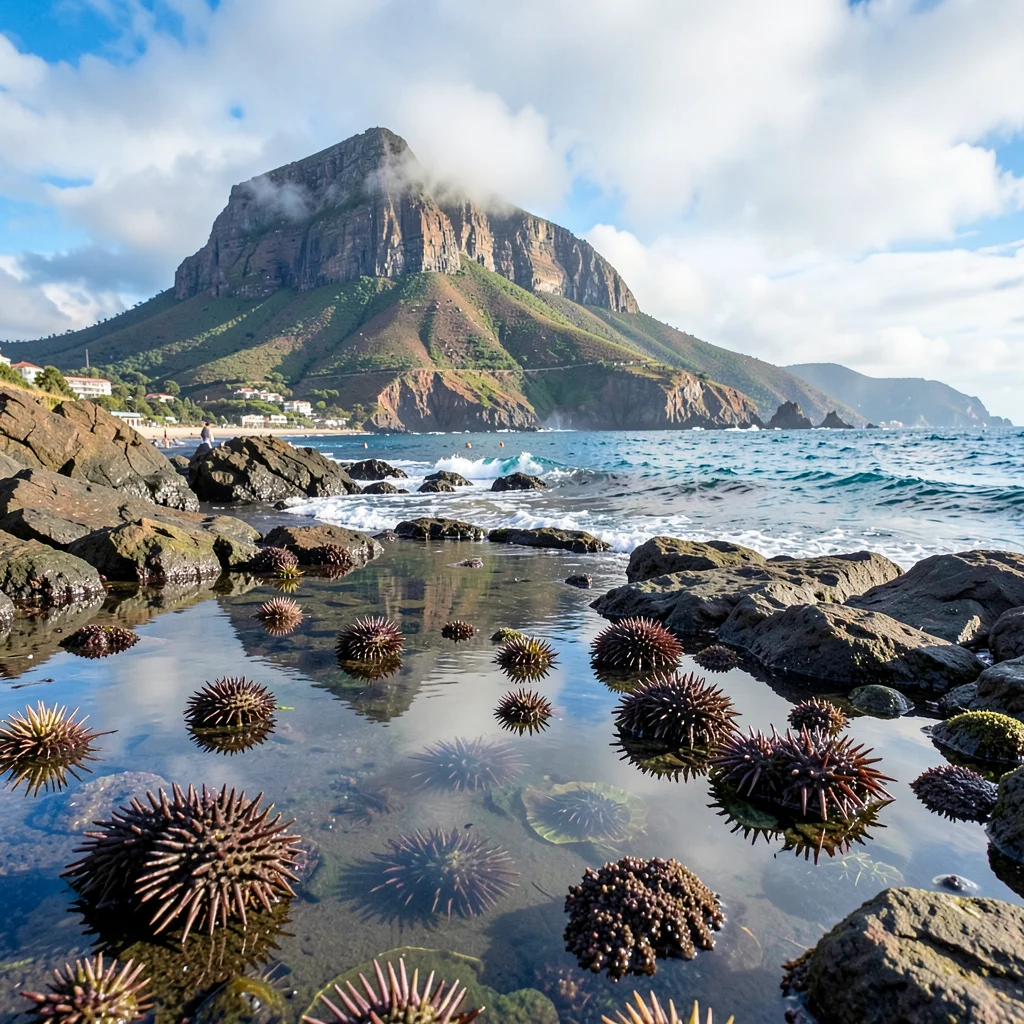 Cape Town mountain-sea duality, Table Mountain backdrop, rock pool at low tide, 