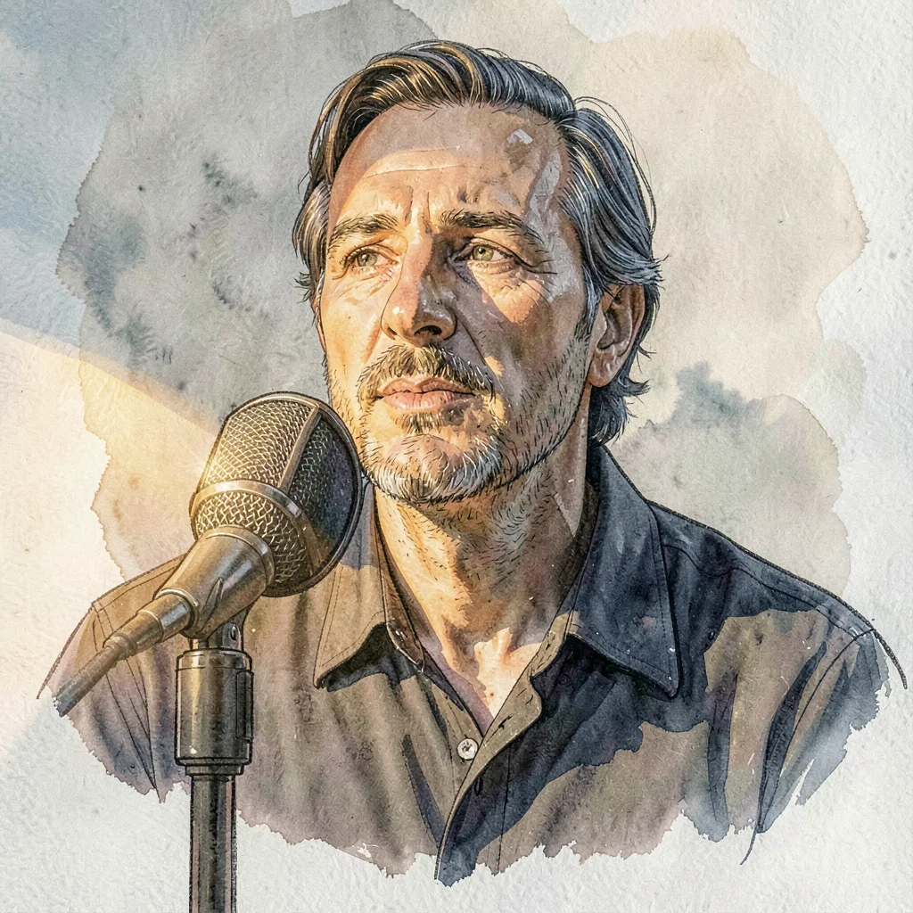 Studio portrait of a poet at a microphone mid-line, lamp glow modeling the face