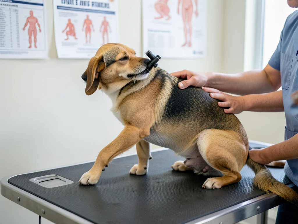 A veterinarian examining a nervous dog on an examination table, one hand gently 